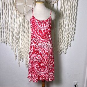 Loco Lindo Hot Pink Red White Floral Swirl Print Slip Dress Ruffle Trim Size M